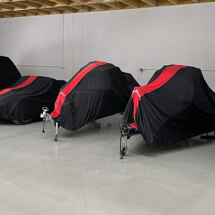 Racecar, Showcar, Muscle Car or Streeter INDOOR Car Cover Black with Red Stripe