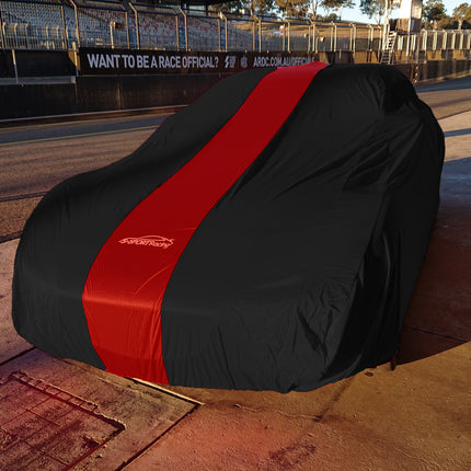 Racecar, Showcar, Muscle Car or Streeter INDOOR Car Cover Black with Red Stripe